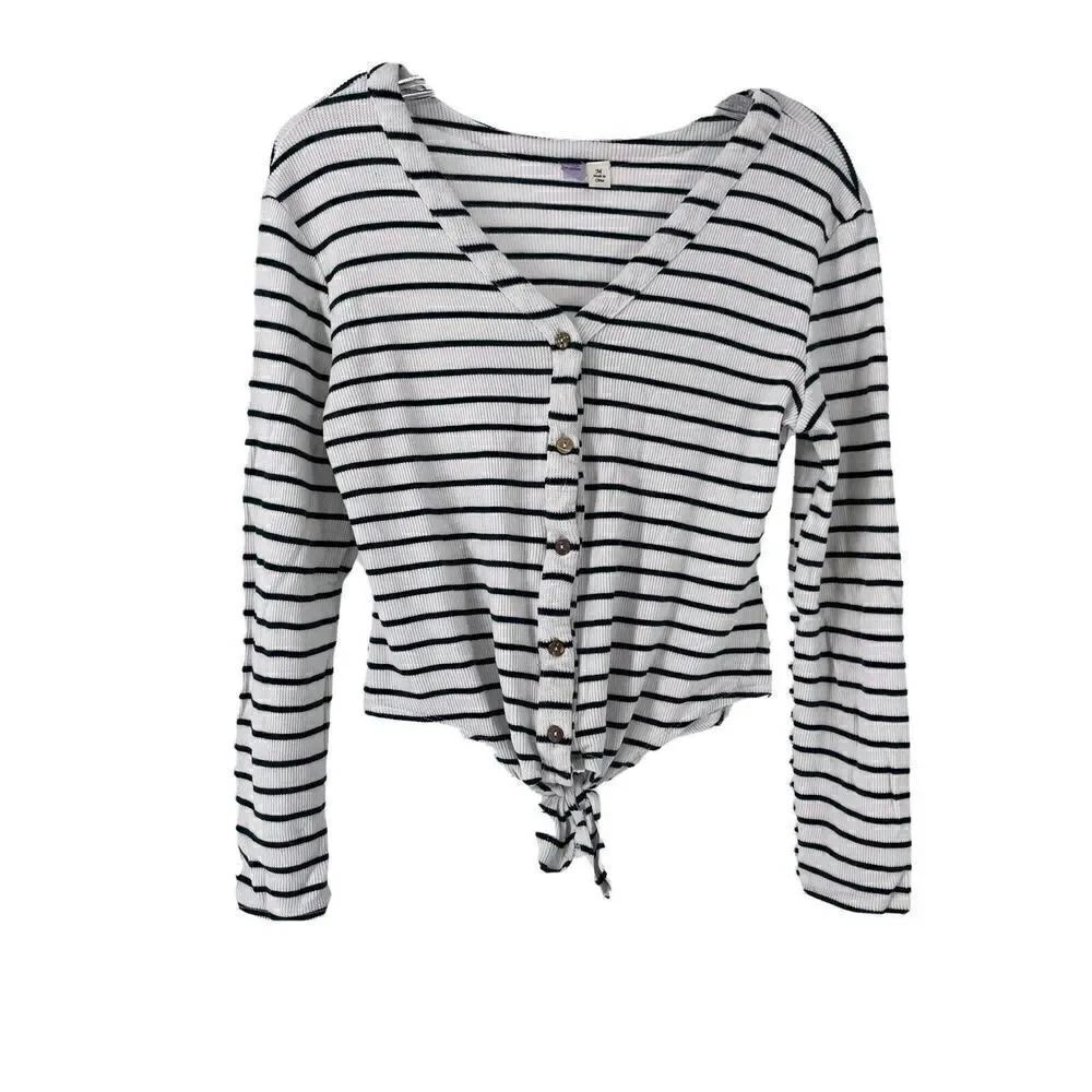 Tie Front V Neck Ribbed Top Long Sleeve White & Black Striped Preppy Alya Size M
